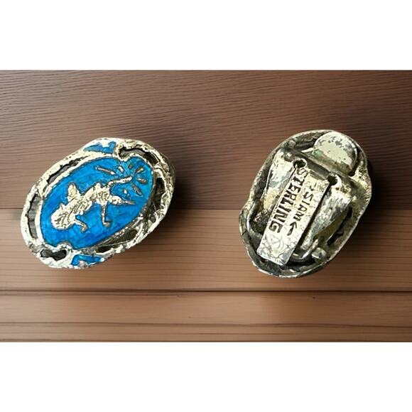 Vintage Siam Niello Sterling/ Enamel Clip On Earrings - Picture 2 of 2